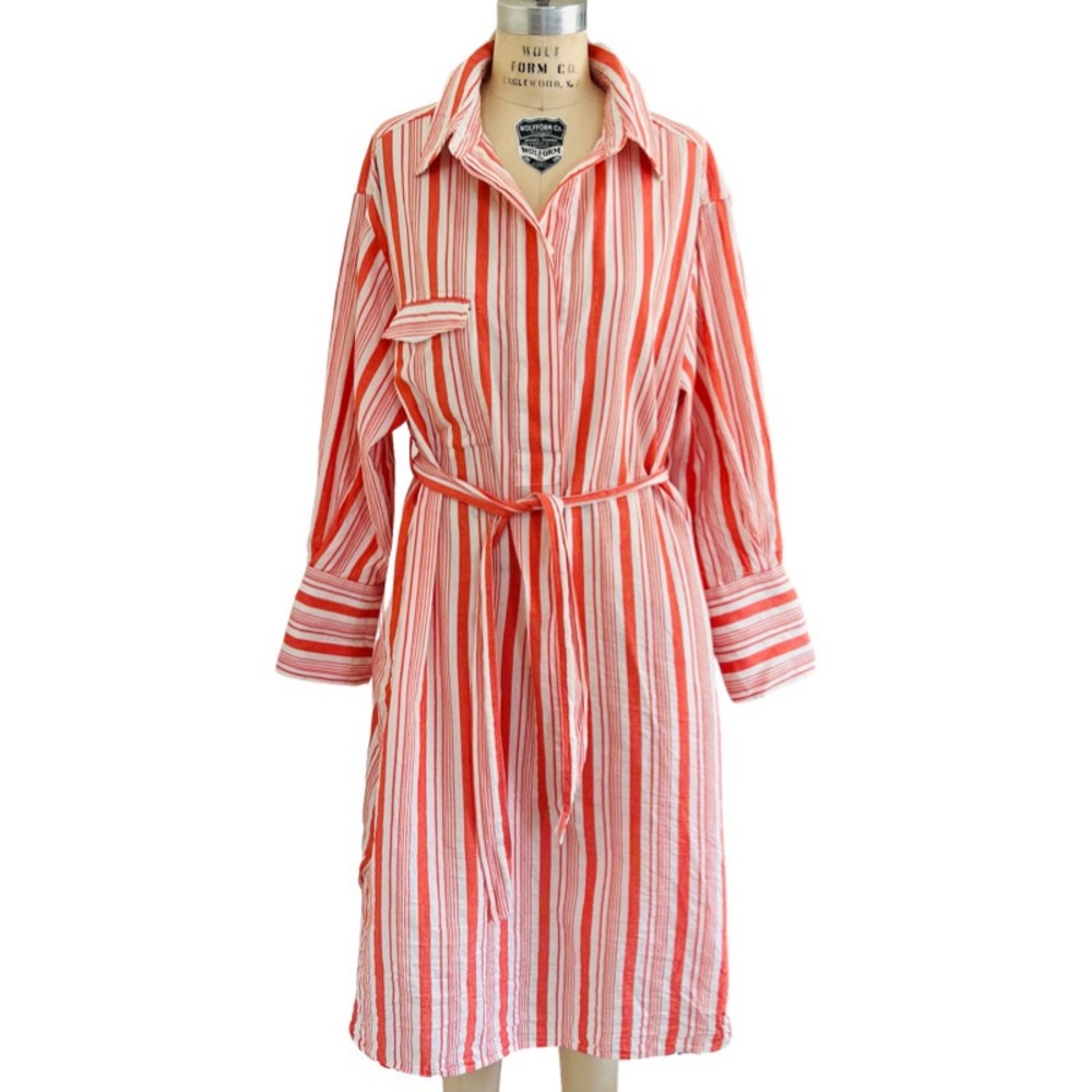 SECOND FEMALE Striped Shirt Midi Dress w/ Belt in Red Size L